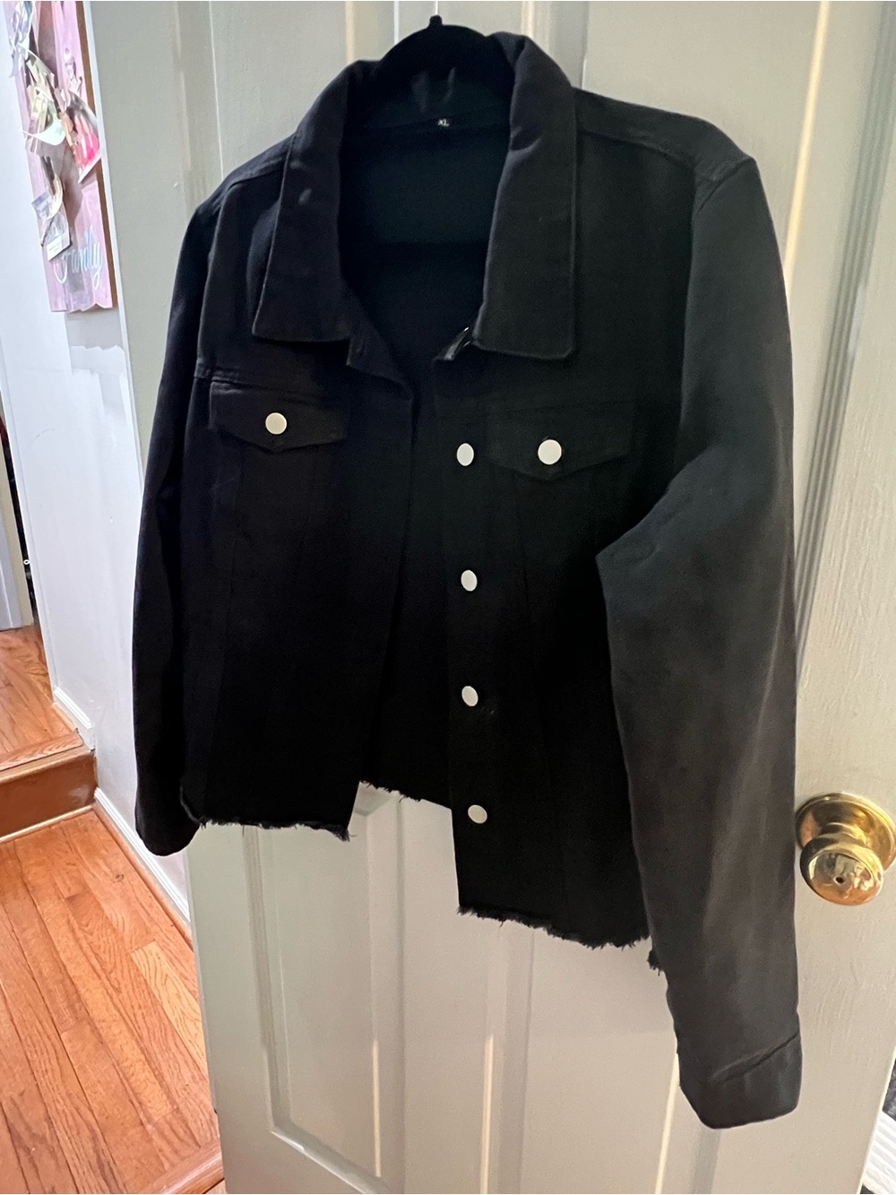 Women's Black Raw-Hem Denim Jacket with Metal Snap Buttons